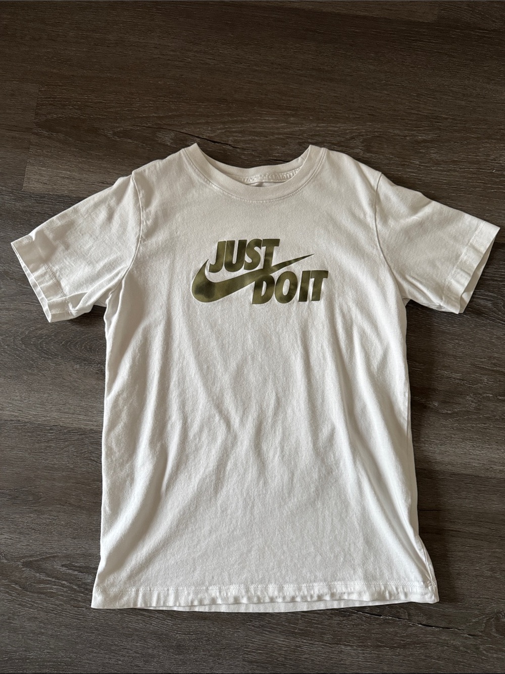 Nike White Tee with Olive Green 'Just Do It' Logo